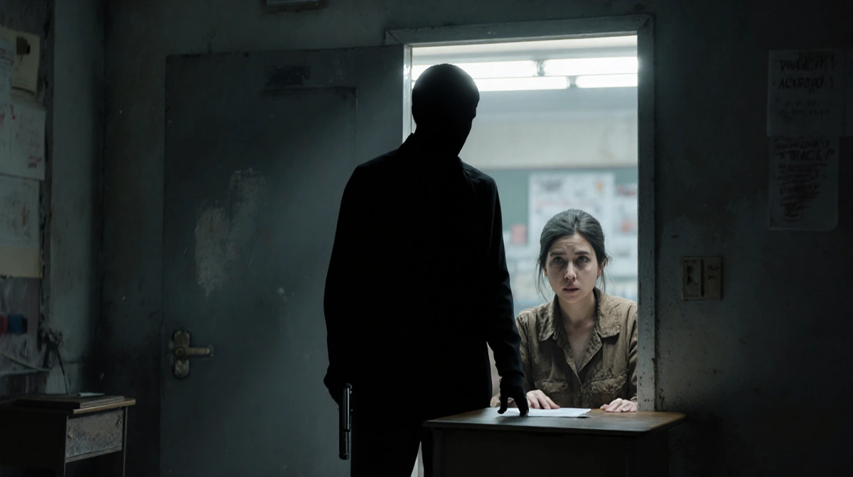 Dark figure holding gun stands near teacher