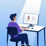 Person working at modern computer desk with AI agent interface on screen and blue gradient background