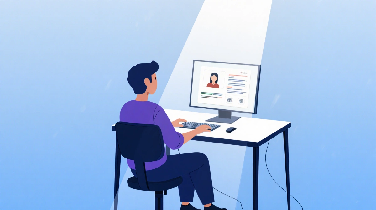 Person working at modern computer desk with AI agent interface on screen and blue gradient background