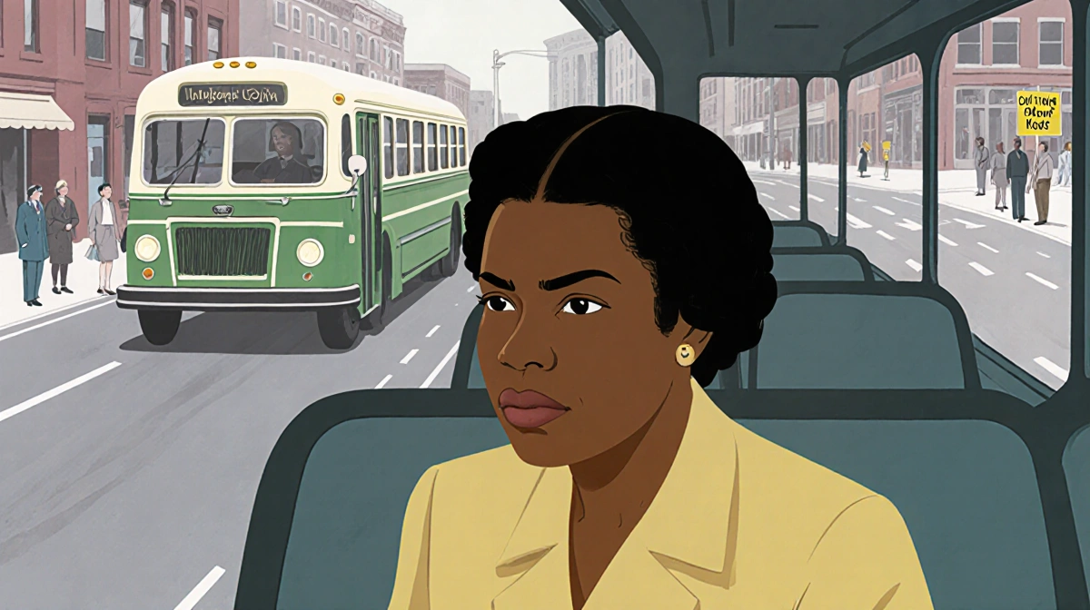 Claudette Colvin sits firmly in her bus seat with determined expression and Montgomery city street behind