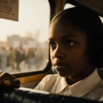 Young girl grips bus seat with quiet defiance as civil rights marchers pass by the window