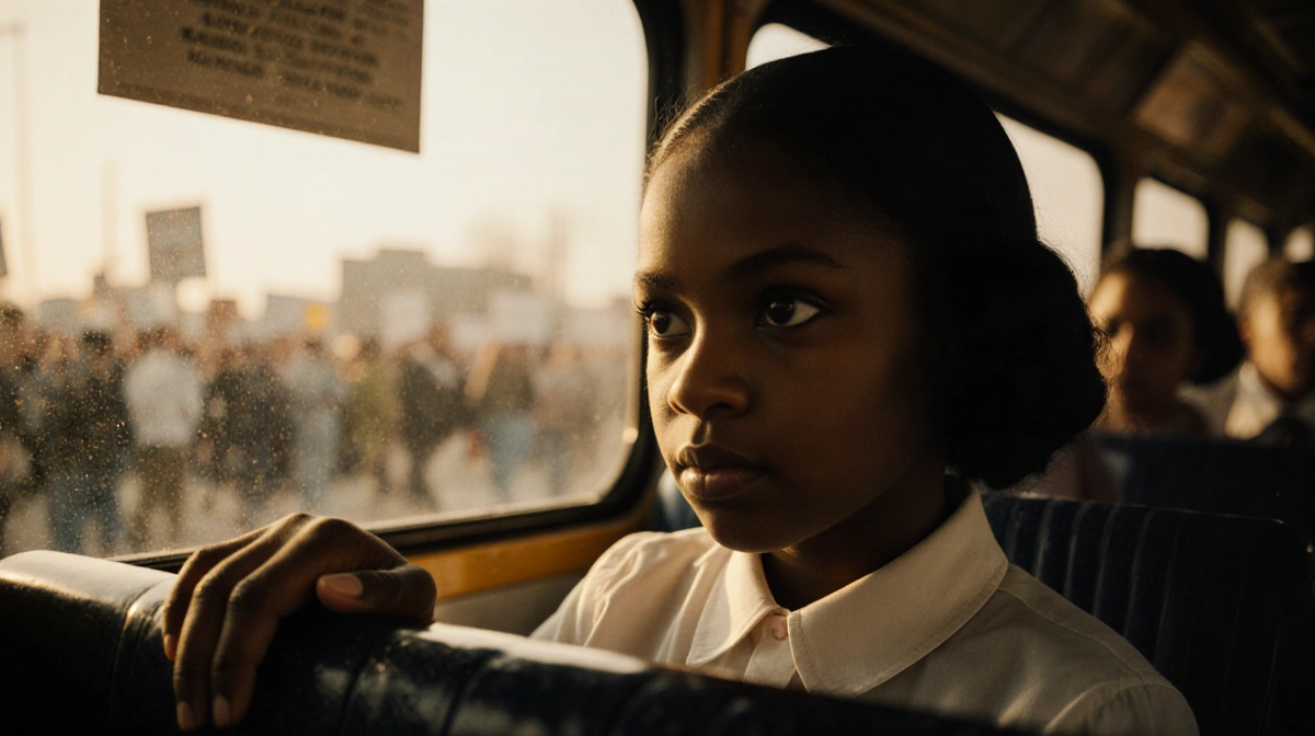 Young girl grips bus seat with quiet defiance as civil rights marchers pass by the window