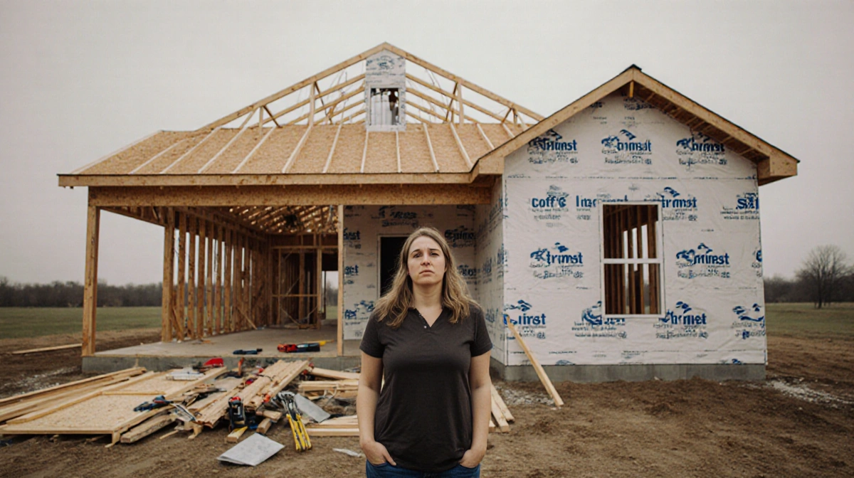 Kristin Newman standing with frustration in unfinished construction in Cleburne with framing and roof materials