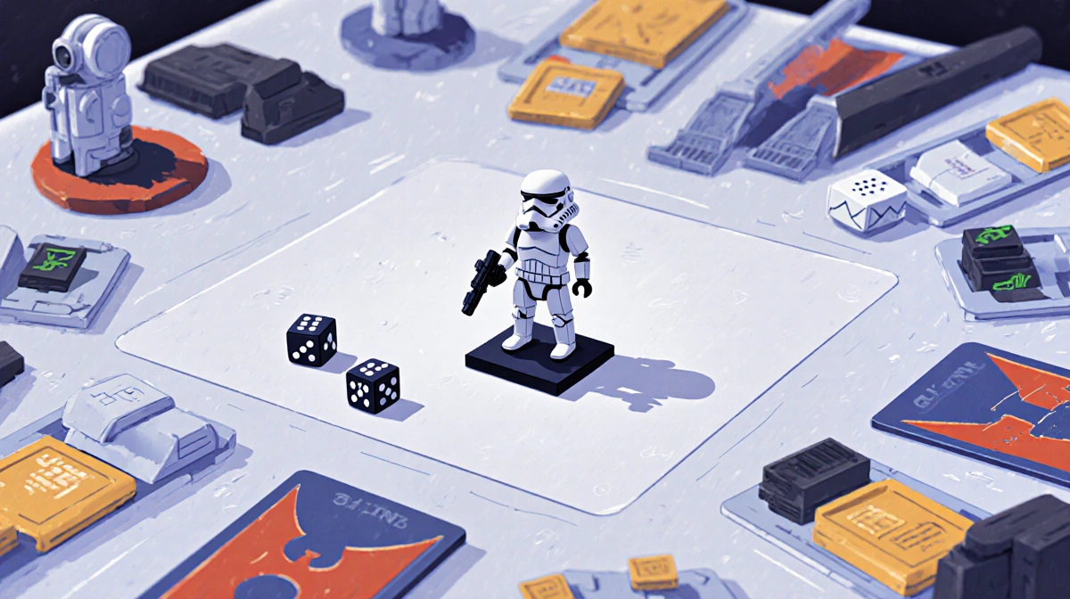 Clone Wars miniature stands on gaming table with scattered dice and miniatures showing tabletop gaming action