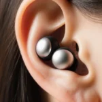 Ear wearing stacked silver and black hearing aids with futuristic design and textured surface in soft warm light