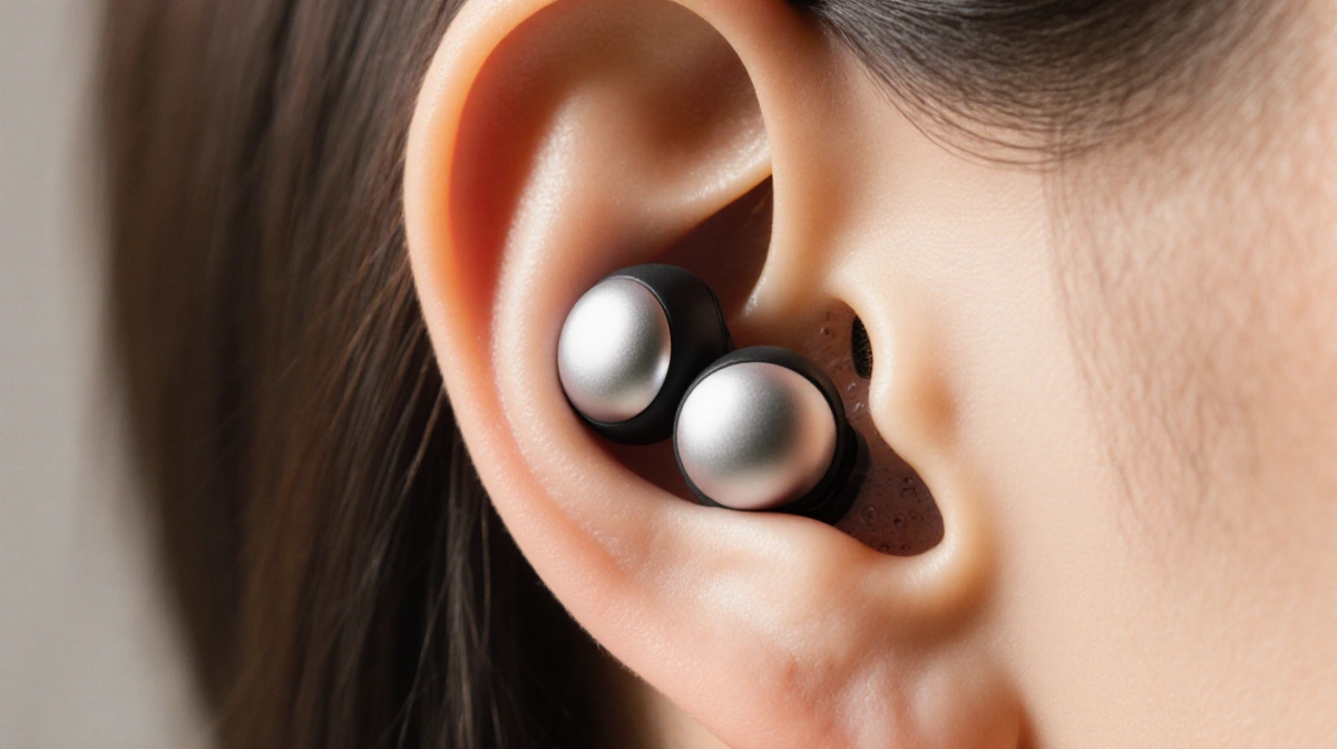 Ear wearing stacked silver and black hearing aids with futuristic design and textured surface in soft warm light