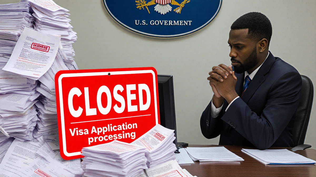 Closed sign at visa center with rejected paperwork and disappointed Somali applicant watching stern official review documents