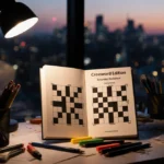 Open crossword puzzle book showing Saturday edition with warm lamp glow and blurred cityscape at dusk.