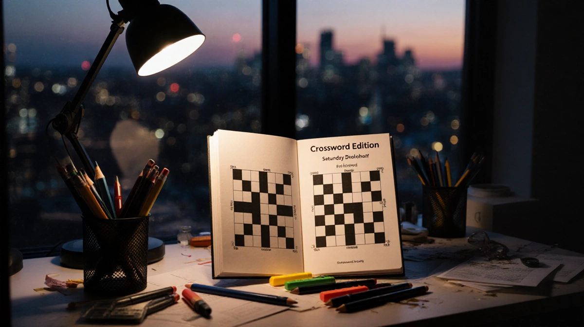 Open crossword puzzle book showing Saturday edition with warm lamp glow and blurred cityscape at dusk.