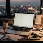 MacBook Pro glows on cluttered desk with coffee cups and scattered papers while city lights shimmer through window.