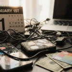 Cluttered desk holds dusty laptop and smartphone with tangled wires and a pile of cash nearby.