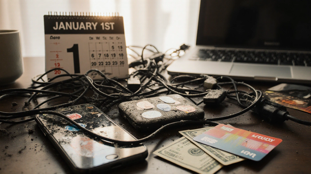 Cluttered desk holds dusty laptop and smartphone with tangled wires and a pile of cash nearby.