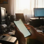 Hand holding phone with warm glow lighting cluttered desk full of old computers and cables hinting at recycling.