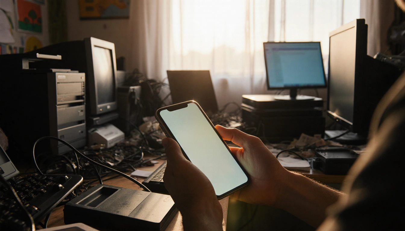 Hand holding phone with warm glow lighting cluttered desk full of old computers and cables hinting at recycling.