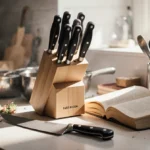 Cluttered kitchen counter shows wobbly knife block with Paris Hilton chef knife and Santoku resting near edge