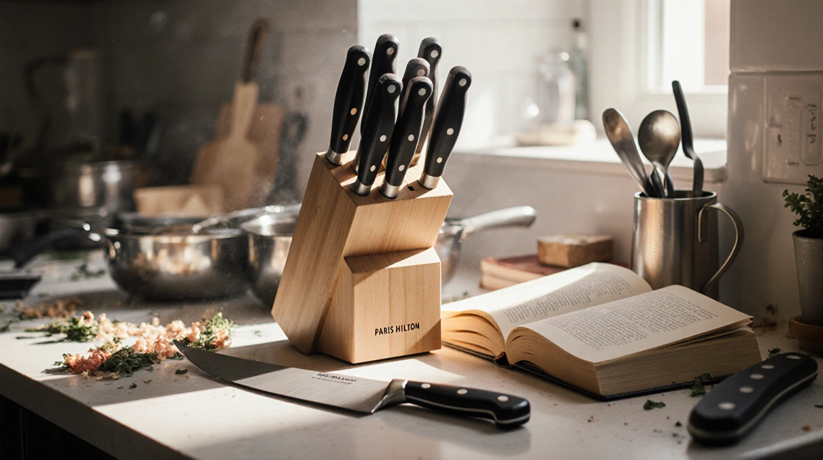 Cluttered kitchen counter shows wobbly knife block with Paris Hilton chef knife and Santoku resting near edge