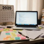 Laptop opens to dictionary with sticky notes and wall calendar showing 2025.