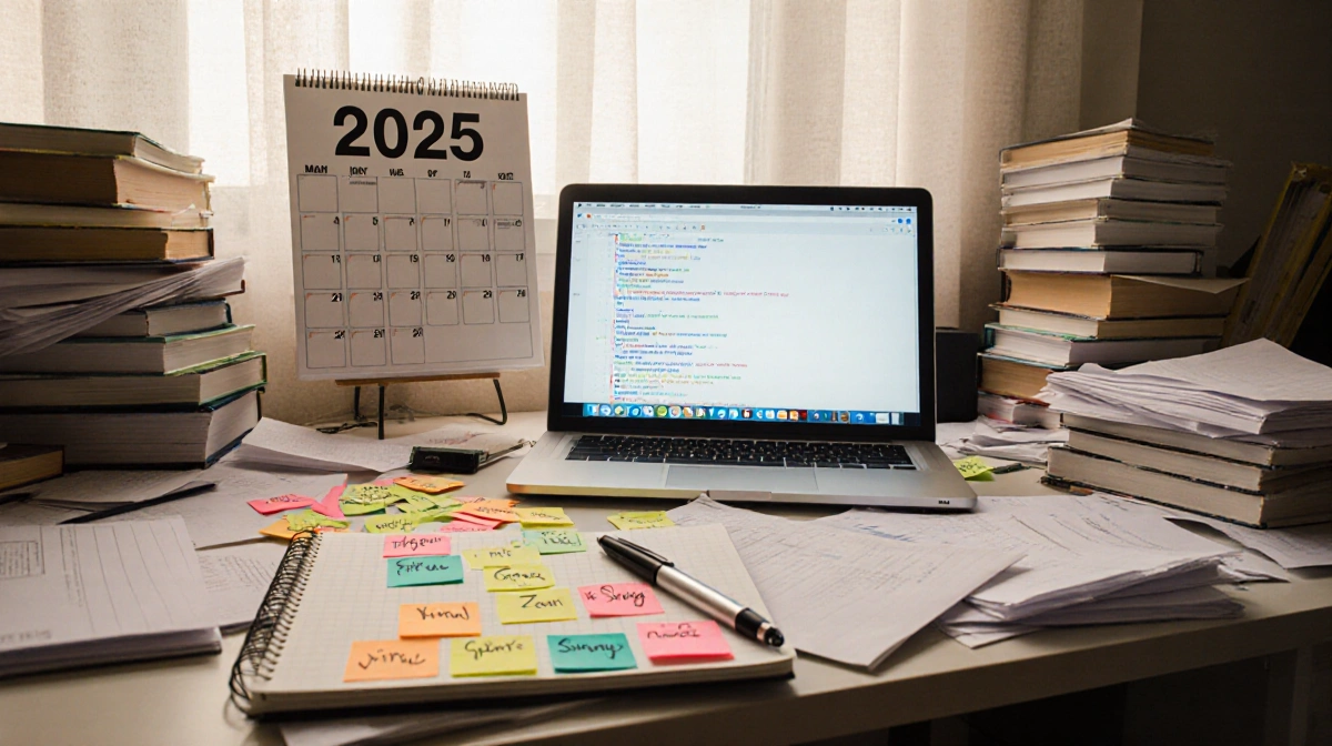 Laptop opens to dictionary with sticky notes and wall calendar showing 2025.