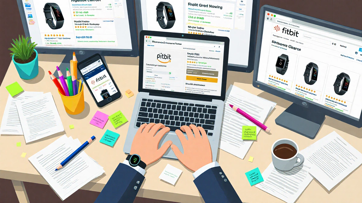 Team member typing on laptop with Fitbit deals on retailer sites and coffee cup nearby