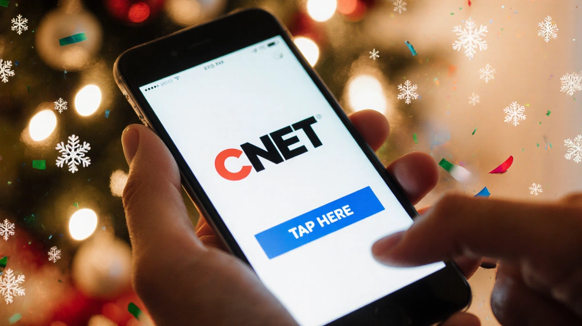 Hand reaching for phone screen with CNET logo and tap button amid festive holiday lights
