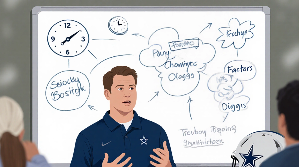 Coach Brian Schottenheimer speaking with chalk board with factors and subtle football symbols in background.