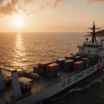 Coast Guard cutter intercepting tanker at sea with Venezuelan flag on shore and sunset glow