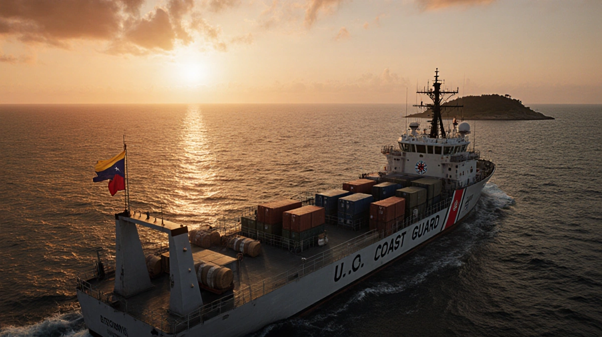 Coast Guard cutter intercepting tanker at sea with Venezuelan flag on shore and sunset glow