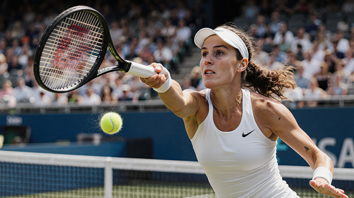 Racket swinging midair with ball flying off it and arm stretched at 45 degrees on blurred tennis court background