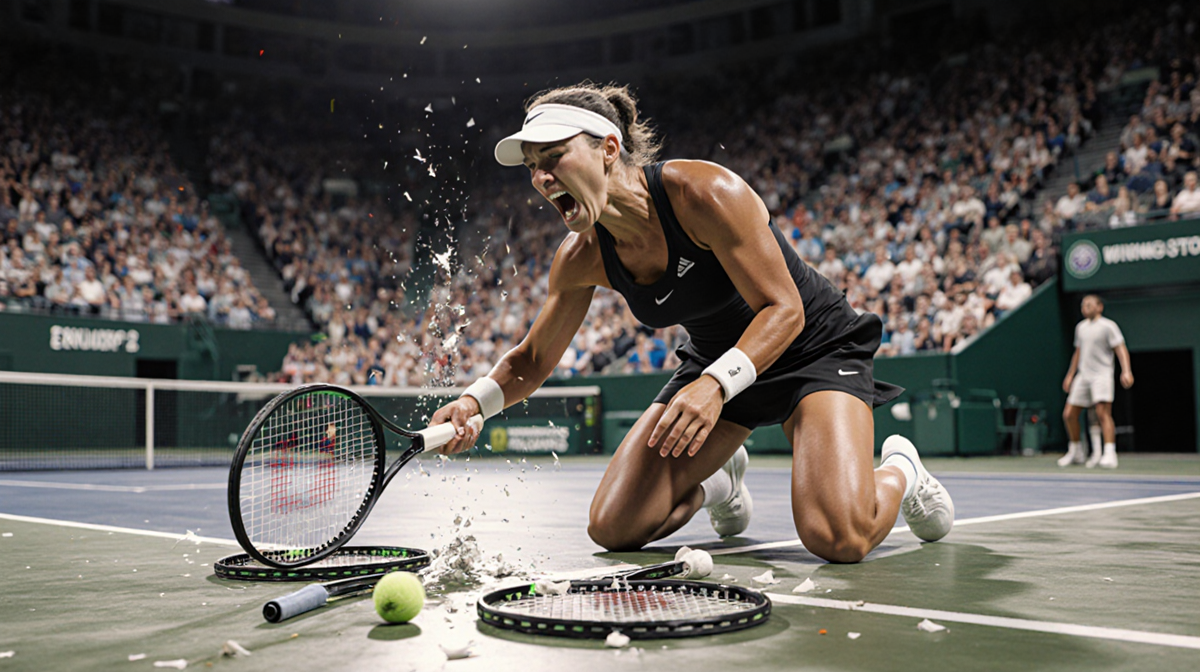Coco Gauff smashing her racket on concrete with fragments scattered and a frustrated expression with a flash of light