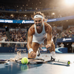 Coco Gauff smashing racket on Australian Open court with shattered ball and flashing lights