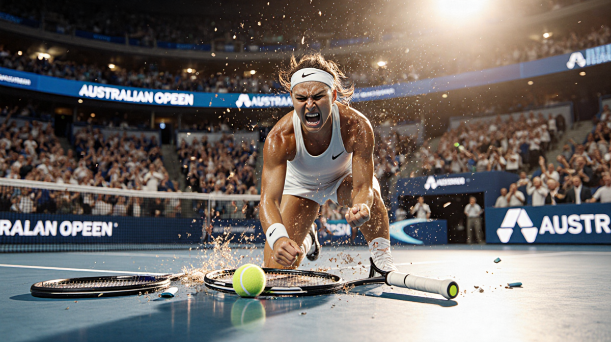 Coco Gauff smashing racket on Australian Open court with shattered ball and flashing lights