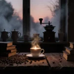 Steaming coffee cup glows on table in coffee shop with books and beans fog swirling outside.