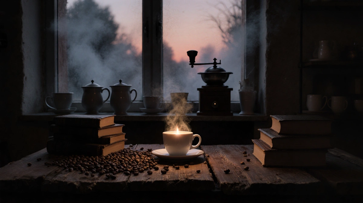 Steaming coffee cup glows on table in coffee shop with books and beans fog swirling outside.