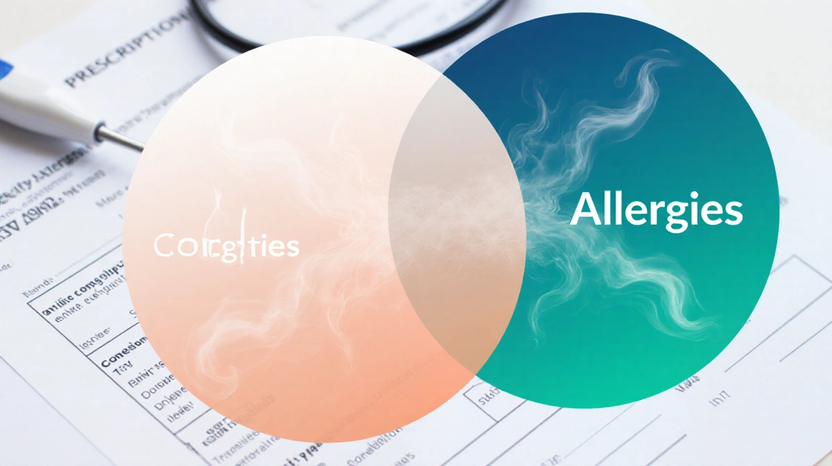 Two overlapping circles labeled Cold and Allergies blend together with wispy lines showing congestion symptoms and faint medi