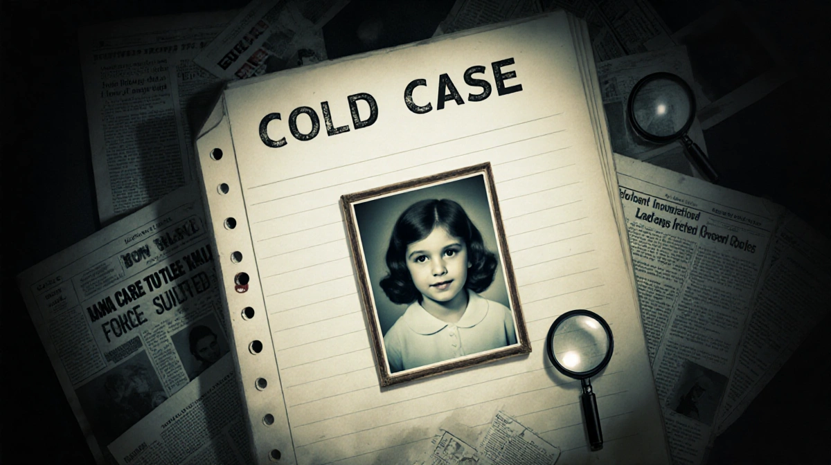 A cold case file folder lies open with a faded photo of a young girl and investigation markers nearby