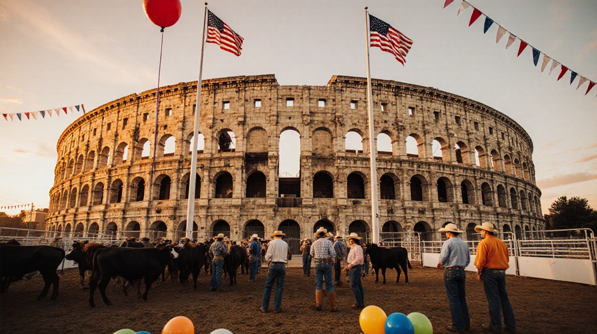 Cowboys and cattle gather outside the historic Coliseum at sunset with American flags flying overhead and volunteers preparin