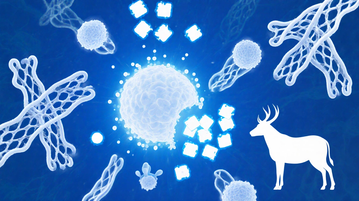 Collagen peptides breaking down into glowing fragments with increased bioavailability and fibers reassembling into new tissue