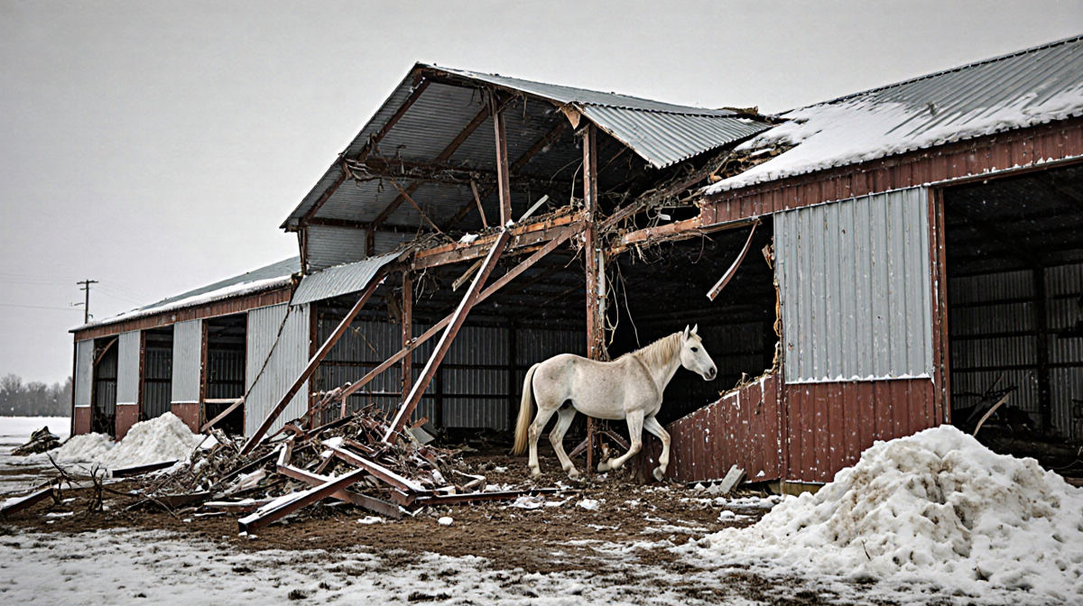 Horse struggling to escape with collapsed metal barn in Whitesboro and snow-covered beams in icy snow drifts reaching eaves a