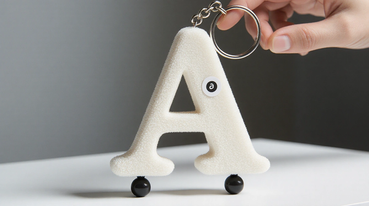 Collectible alphabet letter A figurine with flocked polyester body and keychain loop being held by hand