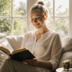 Colleen Hoover sits in cozy reading nook with books and flowers showing gentle smile