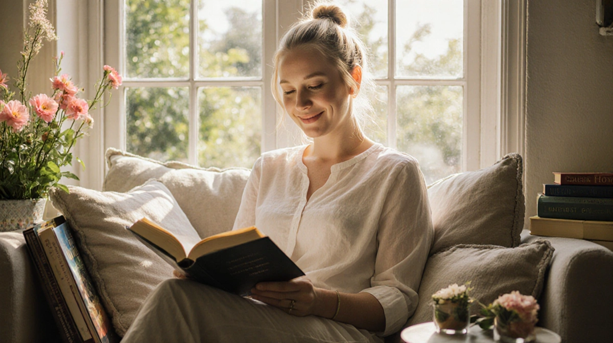 Colleen Hoover sits in cozy reading nook with books and flowers showing gentle smile
