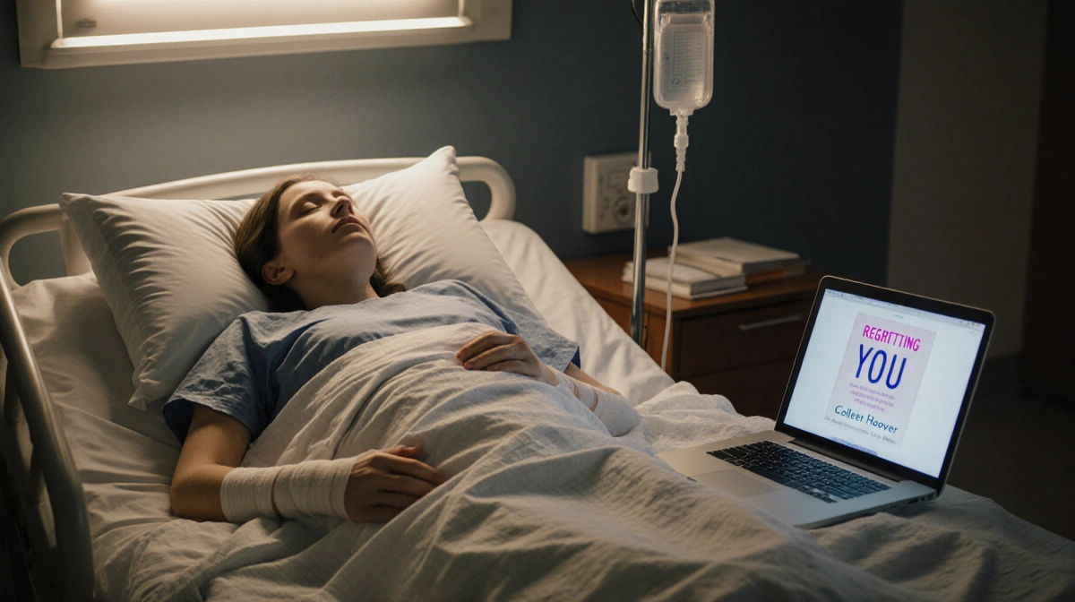 Woman resting in hospital bed with IV pole and laptop showing Regretting You book cover under warm surgical lighting