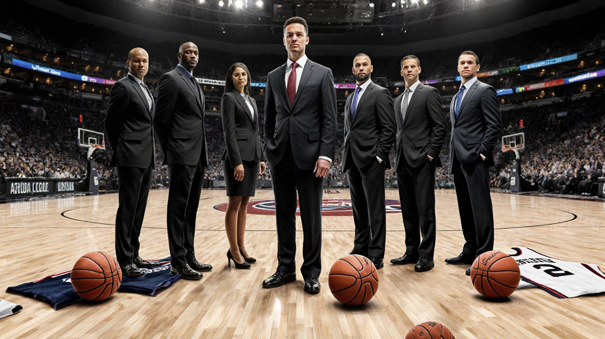 Six professionals stand in formation with basketball court backdrop and sports equipment showing college basketball corruptio