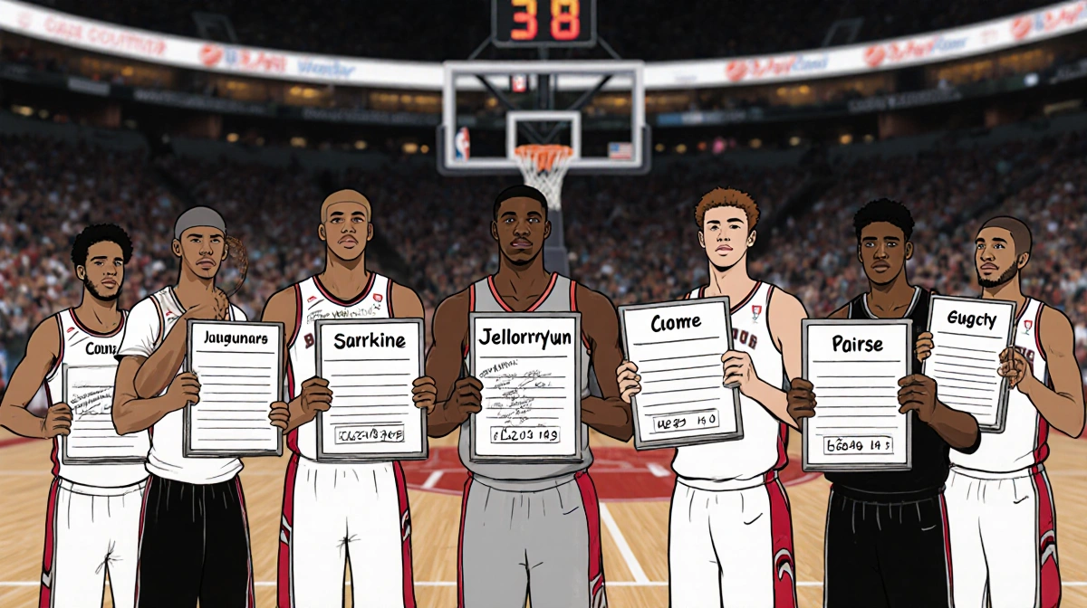 Twelve former college basketball players standing in semicircle with name cards and blurred court behind