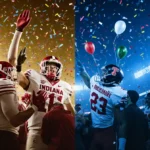 Hoosiers high‑fiving in confetti while Miami Oregon teams celebrate upsets in cool blue stadium