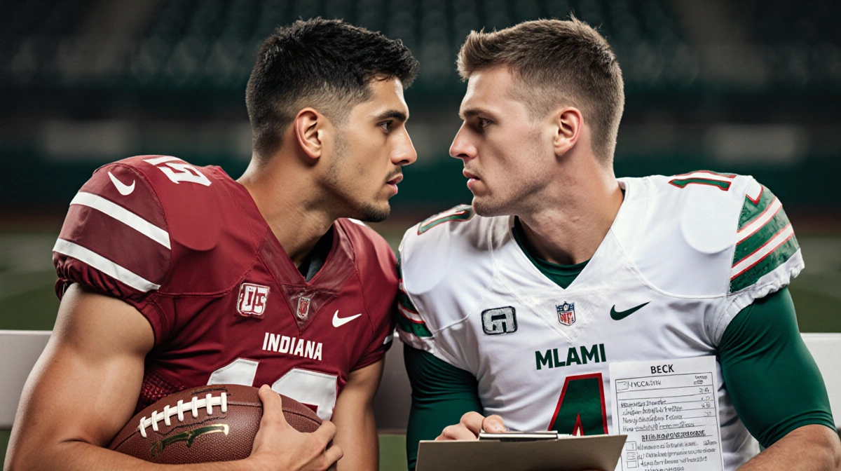 Two college quarterbacks facing each other on bench with Indiana player in red jersey and Miami player holding football and c