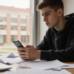 College student sits frustrated at cluttered desk with phone showing AI text and blurred library in background