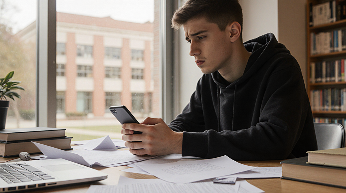 College student sits frustrated at cluttered desk with phone showing AI text and blurred library in background