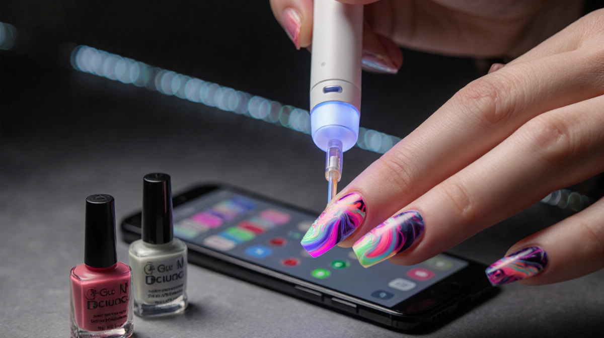 Hands holding vape wand with color-changing electrophoretic film and acrylic nail showing swirling LED effects