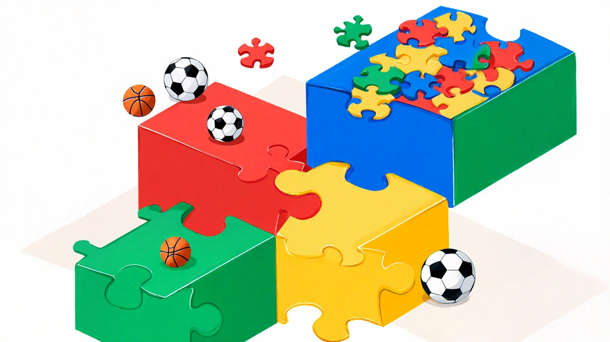 Illustration shows four color-coded puzzle boxes with overlapping tiles and subtle sports icons